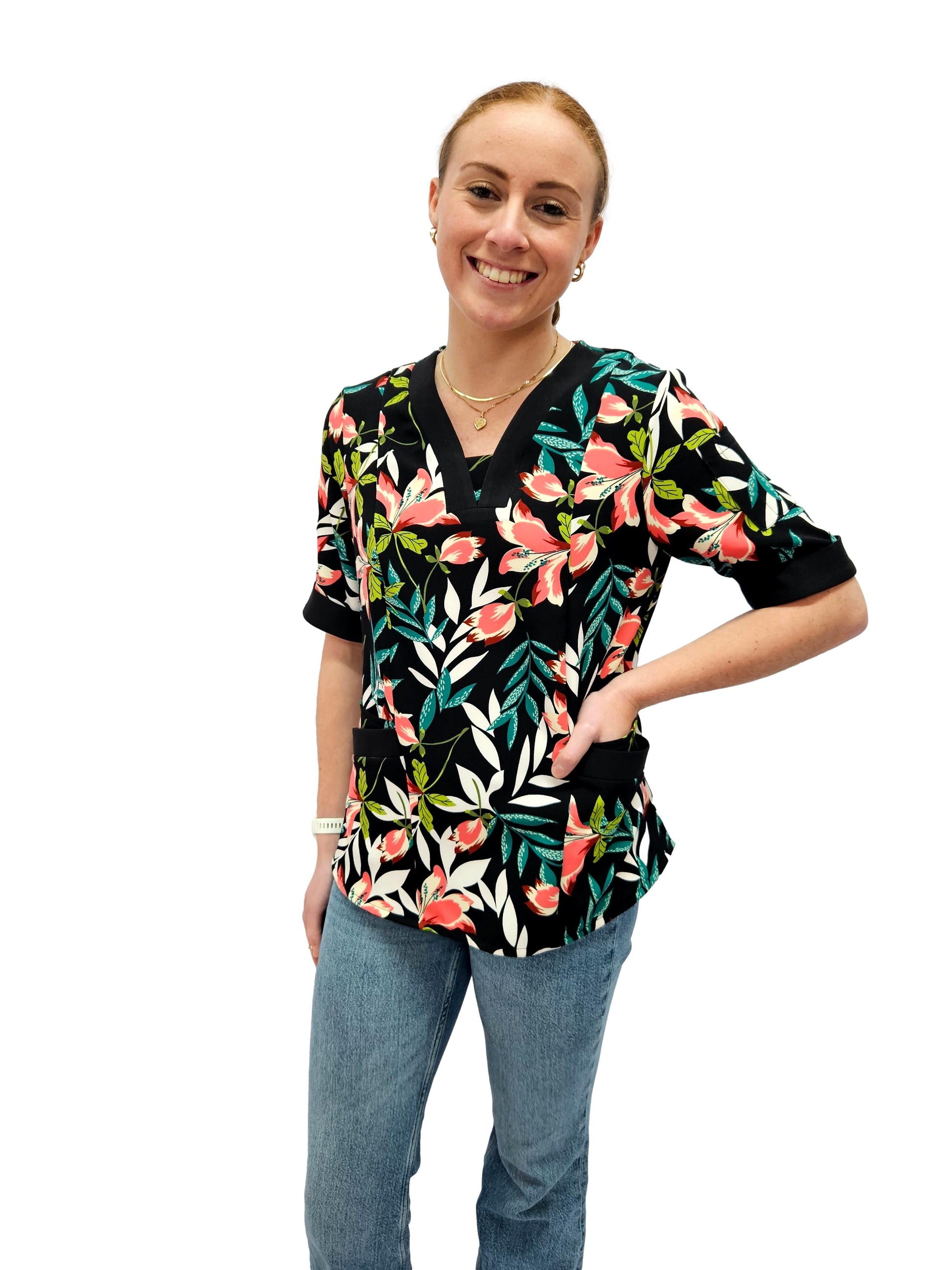 Scrub Top Ladies Black Tropical Floral