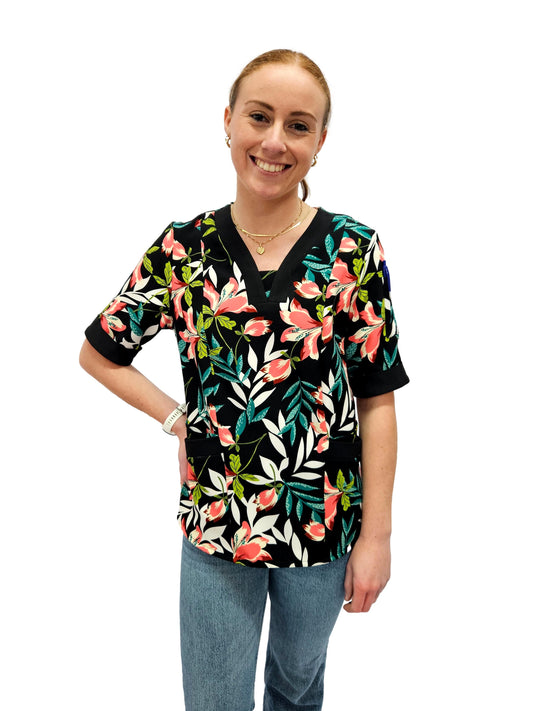 Scrub Top Ladies Black Tropical Floral